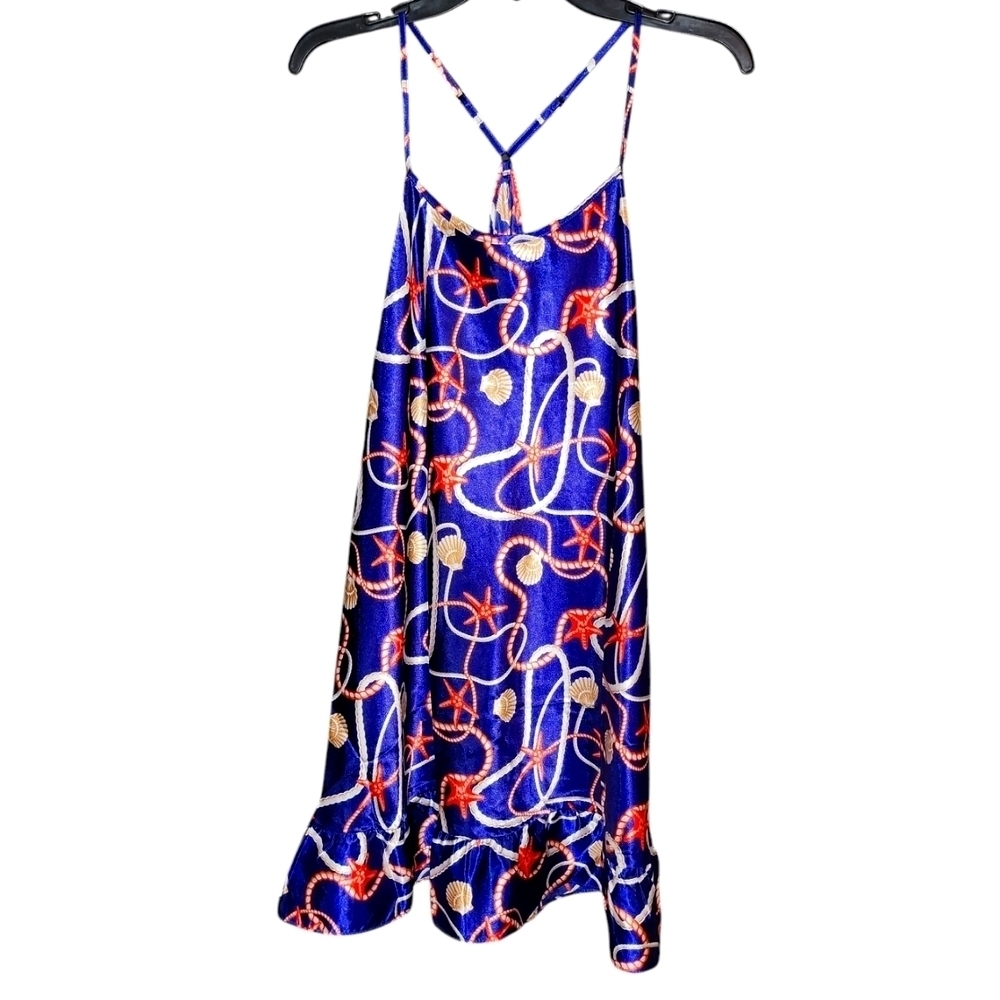 PJ Couture vibrant navy blue sleep dress silky polyester ruffle bottom